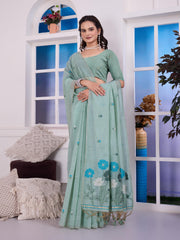 Giya Frosted Sea Green Muga Cotton Jamdani Saree With Contrast Blouse
